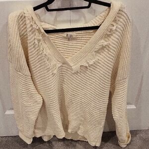 BiBi Cream V-Neck Distressed Sweater